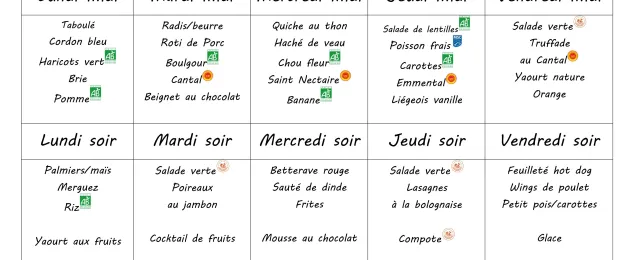Menu du 16 au 20 mars 2026