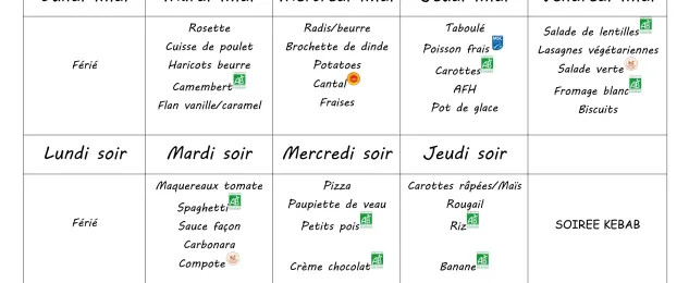 Menu du 26 au 29 mai 2026