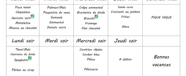 Menu du 29 juin au 3 juillet 2026