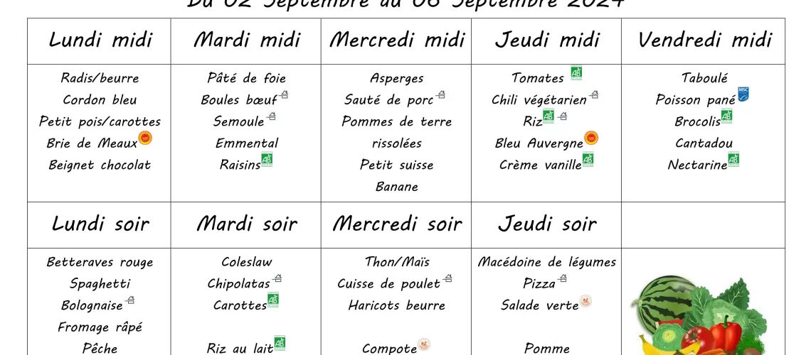 Menu du 2 au 6 septembre