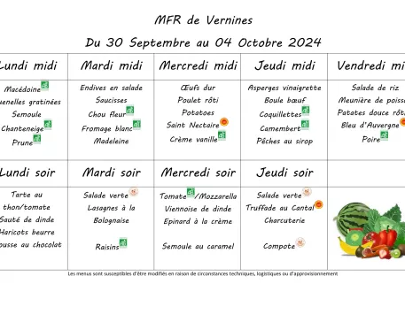 Menu du 30 septembre au 4 octobre 2024