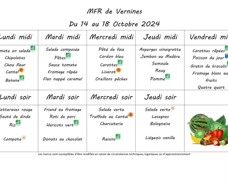 Menu du 14 au 18 octobre 2024