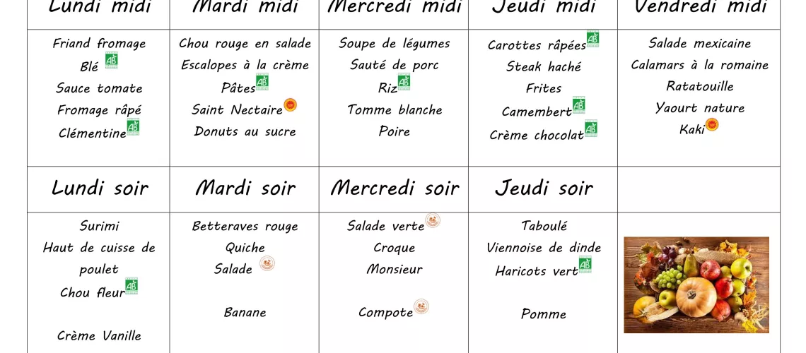 Menu du 18 au 22 novembre 2024