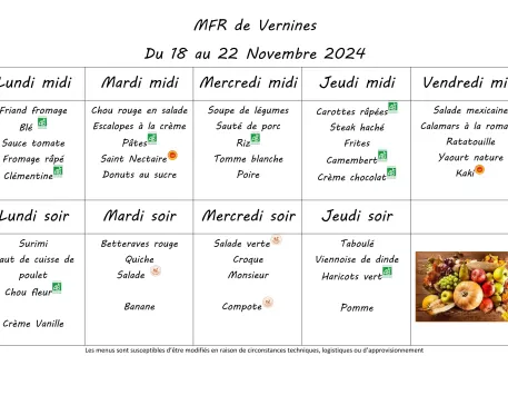 Menu du 18 au 22 novembre 2024