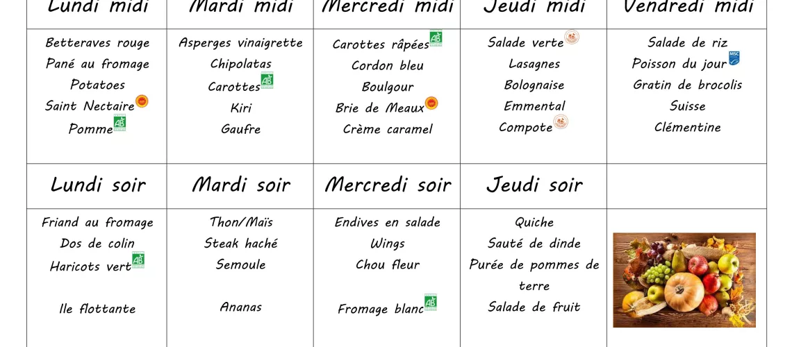 Menu du 25 au 29 novembre 2024