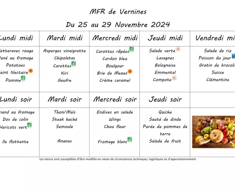 Menu du 25 au 29 novembre 2024