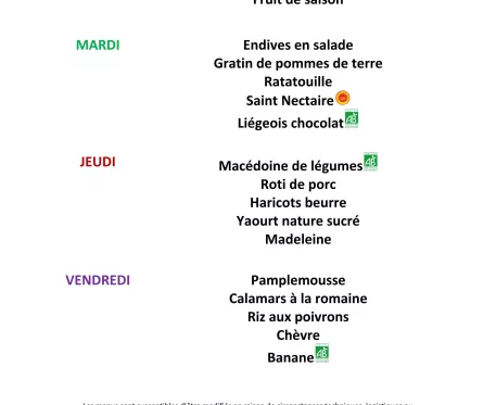 Menu du 2 au 6 décembre 2024