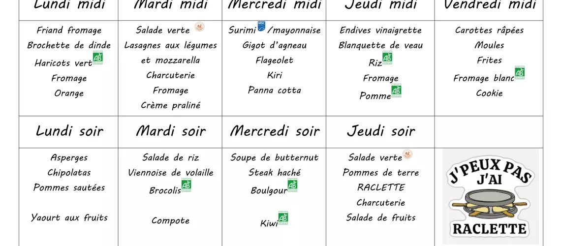 Menu du 3 au 7 mars 2025