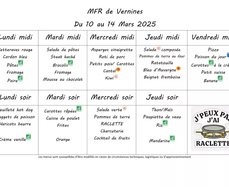 Menu du 10 au 14 mars 2025